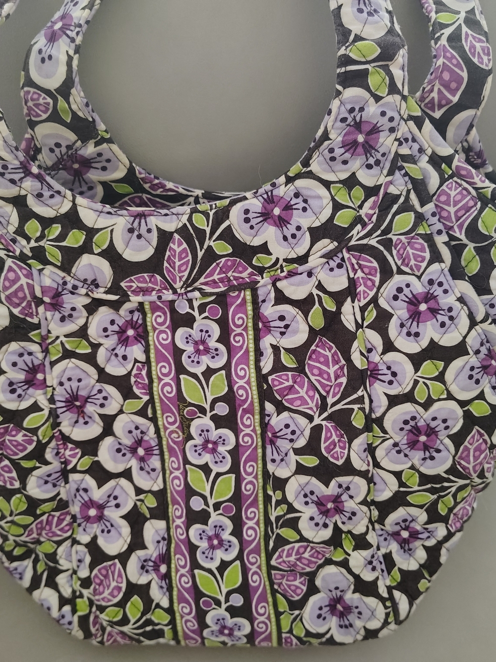 Vera Bradley Quilted Floral Tote, Plum Petals Pattern. Purple Black Green White.